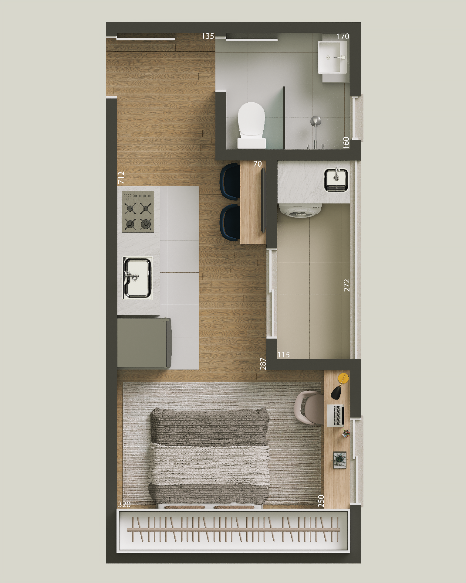 Planta humanizada do studio 24m² do Otilia